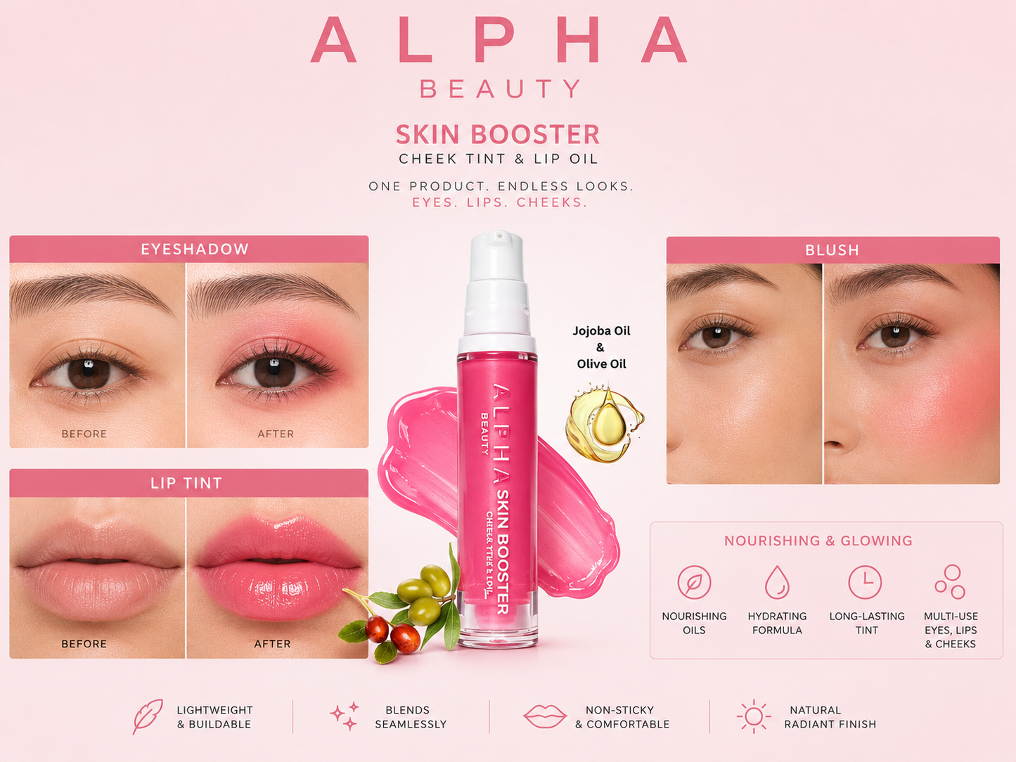 Skin Booster 3 in 1 with olive pomace oil & jojoba seed oil (Cheeks, Eyes and Lips)